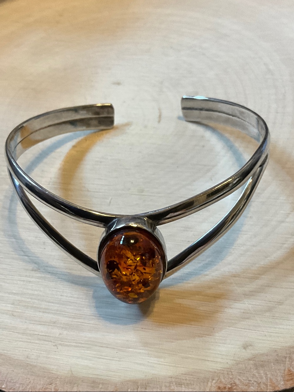 Sterling Silver Cuff Bracelet with Honey Amber Oval